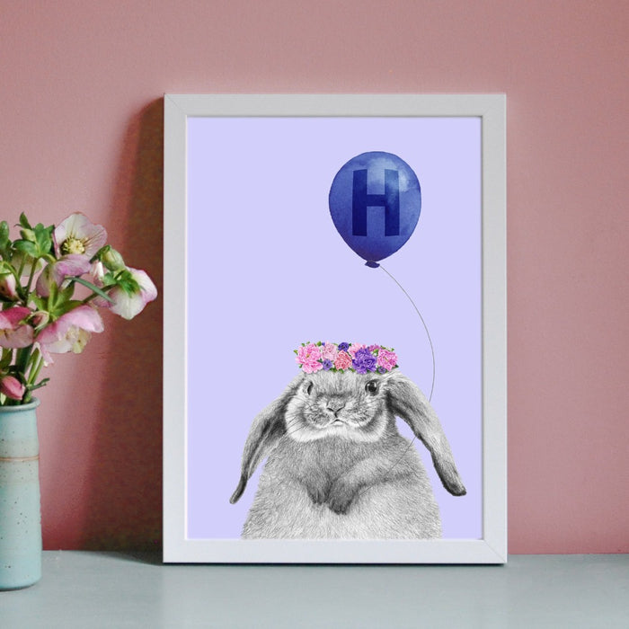 Baby rabbit with balloon personalised children's art print