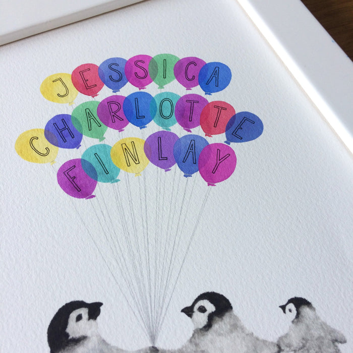 Personalised Family Of Penguins with Balloons Print