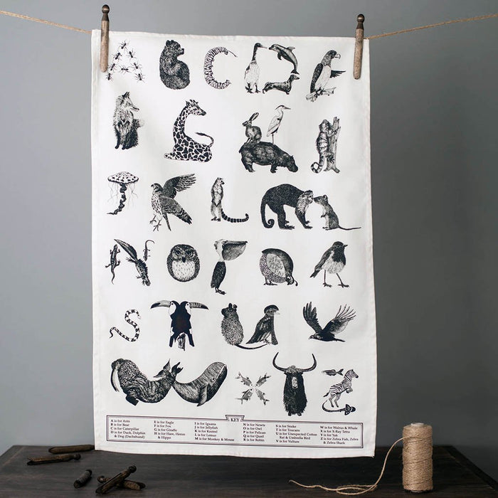 Animal alphabet typographic cotton tea towel