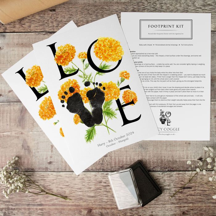 October birth month flower Marigold footprint kit two personalised prints and a baby safe ink pad