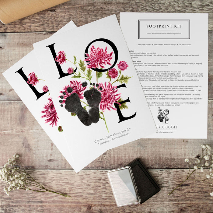 November birth month flower Chrysanthemum two personalised prints and a baby safe ink pad