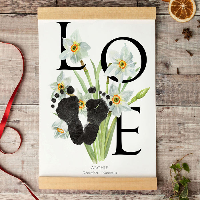 12 December birth month flower Narcissus footprint kit in a wooden frame