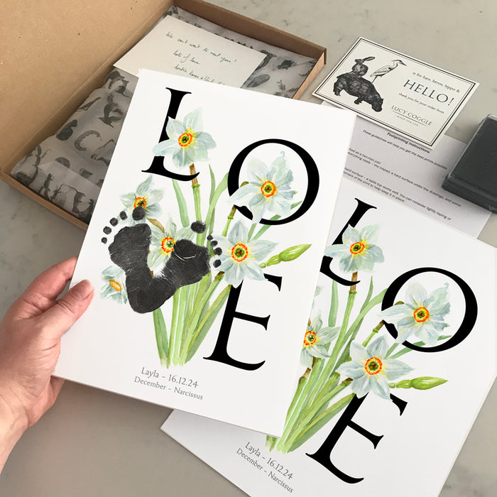 12 December birth month flower Narcissus footprint kit two personalised prints unboxed