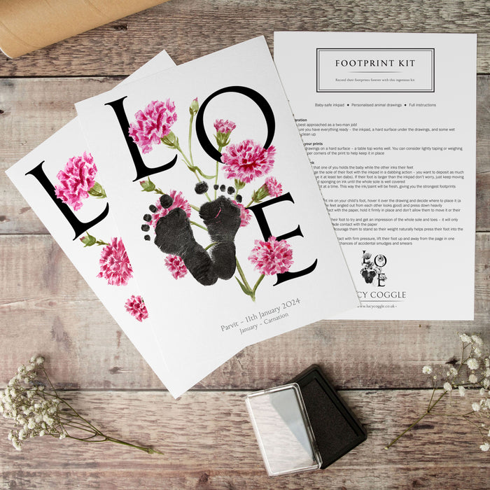 January birth month flower carnation footprint kit  two personalised prints and a baby safe inkpad