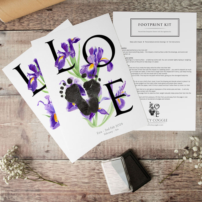 February birth month flower Iris footprint kit two personalised prints and a baby-safe ink pad