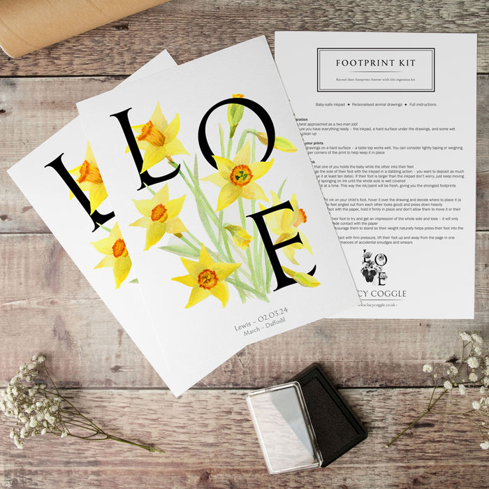 March birth month flower Daffodil footprint kit two personalised prints and a baby safe ink pad