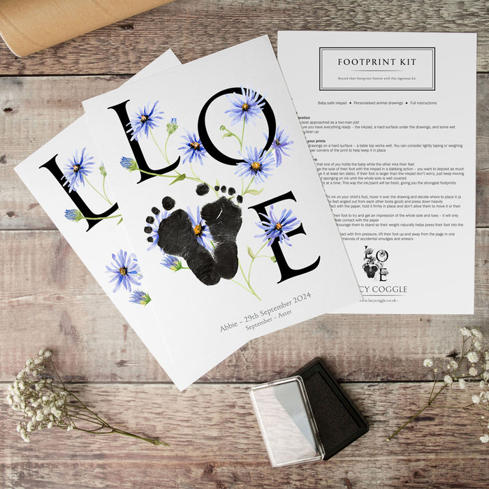 September birth month flower Aster footprint kit two personalised prints and a baby safe ink pad