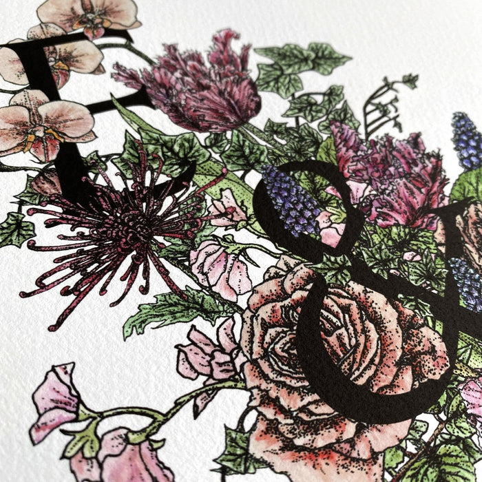 Couple's Name and Initials personalised botanical flower print