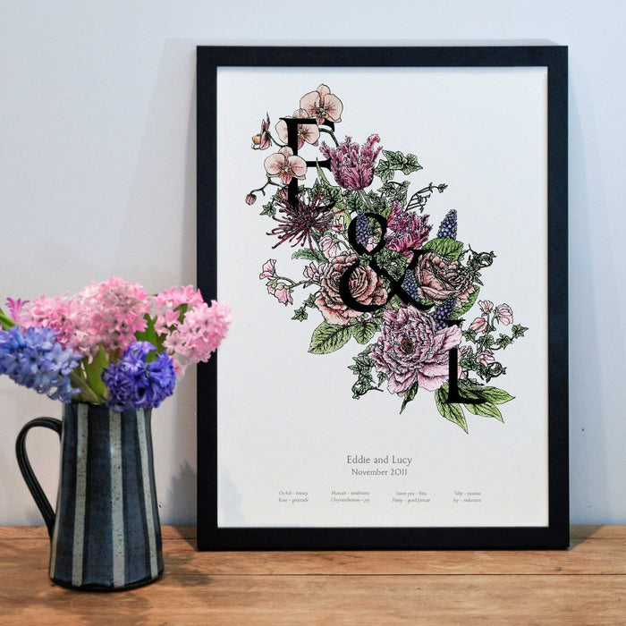 Couple's Name and Initials personalised botanical flower print