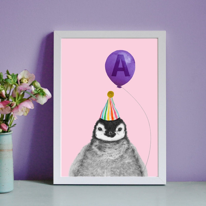 Baby penguin with balloon personalised children's art print