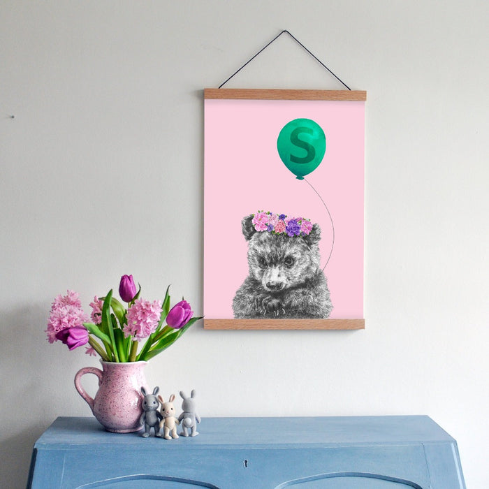 Baby bear with balloon personalised children's art print