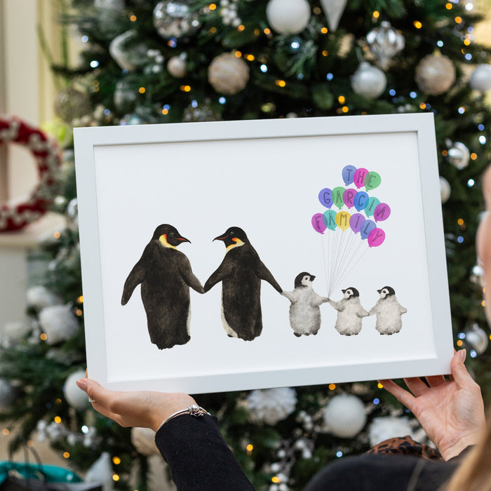 Personalised Family Of Penguins with Balloons Print