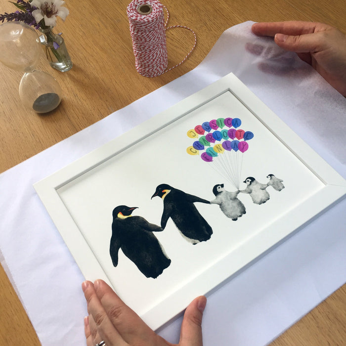 Personalised Family Of Penguins with Balloons Print