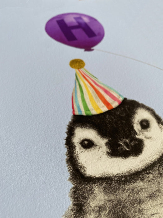 Baby penguin with balloon personalised children's art print