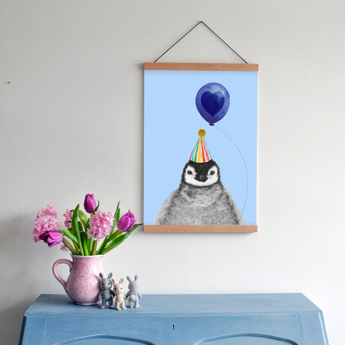 Baby penguin with balloon personalised children's art print
