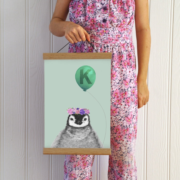 Baby penguin with balloon personalised children's art print