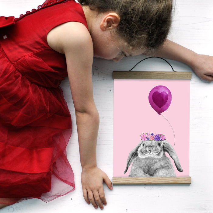 Baby rabbit with balloon personalised children's art print