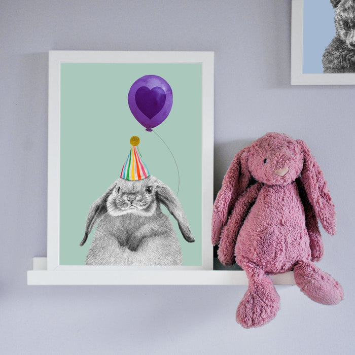 Baby rabbit with balloon personalised children's art print