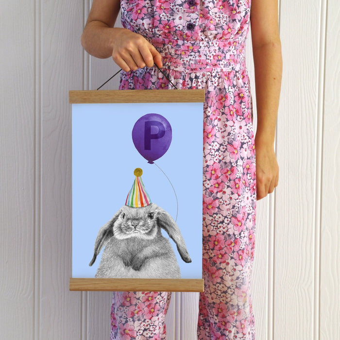Baby rabbit with balloon personalised children's art print
